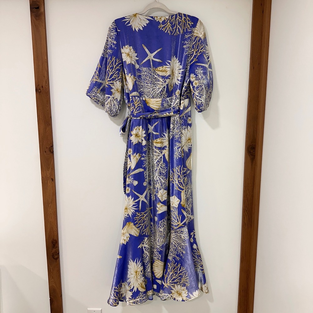 Ciebon Coastal Shell Print Wrap Maxi Dress Womens L Blue Gold Metallic Resort - Picture 8 of 12